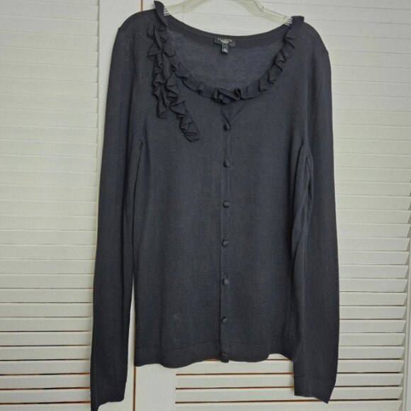 Talbots Women's Black Silk Blend Ruffle Cardigan Sweater Size MP EUC - Picture 1 of 10